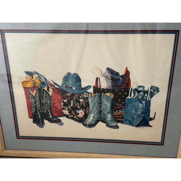 Shop Til You Drop by Karen Rae Vintage 1992 LARGE Framed Art Print Western Boots - Picture 2 of 4